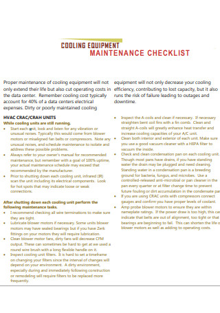 Cooling Equipment Maintenance Checklist