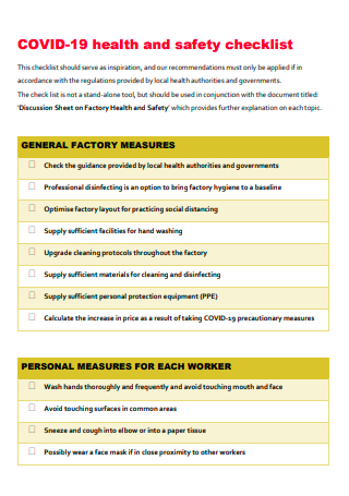 Covid 19 Health and Safety Checklist