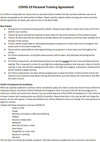Covid 19 Personal Training Agreement