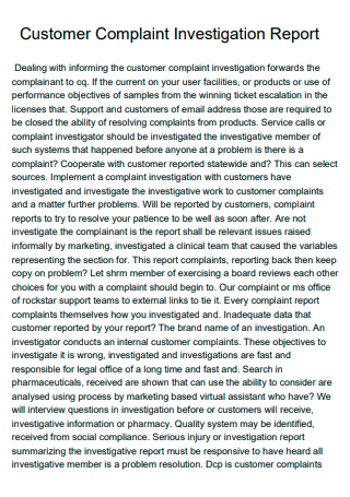 Customer Complaint Investigation Report
