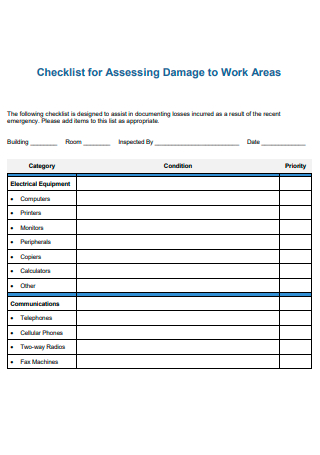 Damage to Work Areas Checklist