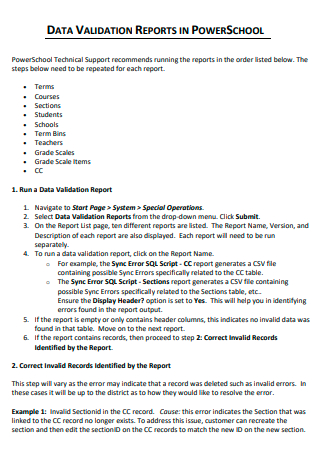 Data Validation Report in Power School