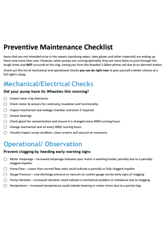 Draft Preventive Maintenance Checklist