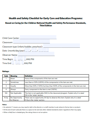 Early Care and Education Programs Health and Safety Checklist