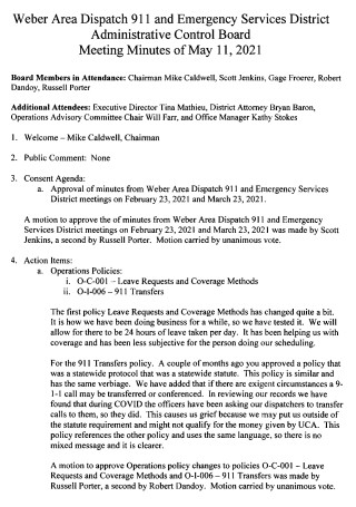 Emergency Services Administrative Control Board Meeting Minutes