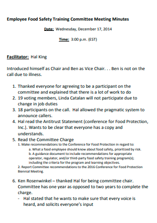 Employee Food Safety Training Committee Meeting Minutes