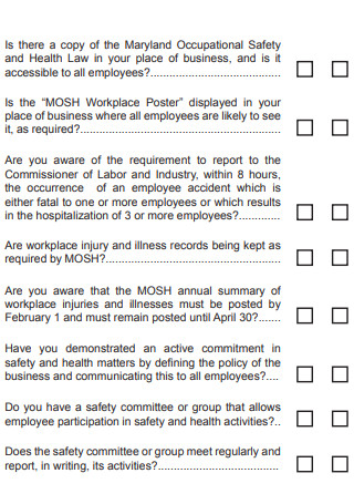 Employer Safety And Health Law Checklist
