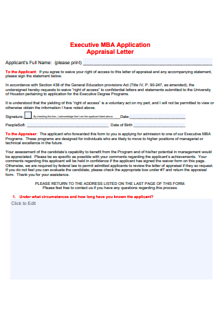 Executive MBA Application Appraisal Letter