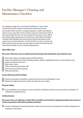 Facility Managers Cleaning and Maintenance Checklist