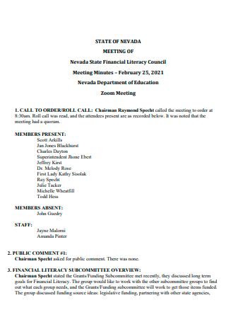 Financial Literacy Council Meeting Minutes