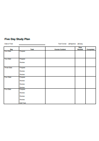 Five Day Study Plan Format