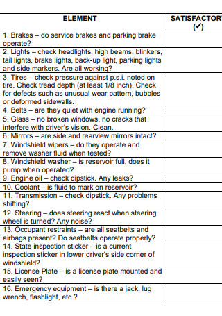 Fleet Vehicle Pre Trip Inspection Checklist