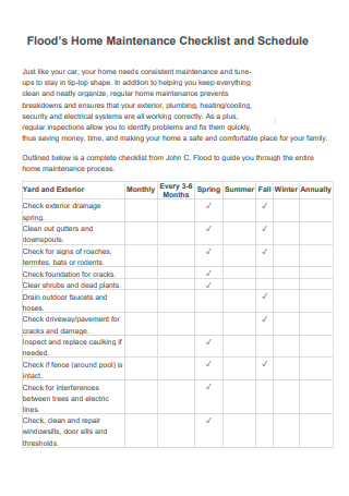 Floods Home Maintenance Checklist and Schedule