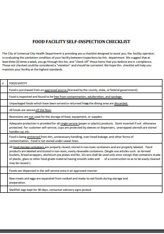 Food Facility Self Inspection Checklist