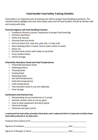 Food Handler Food Safety Training Checklist