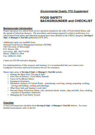 Food Safety Backgrounder Checklist