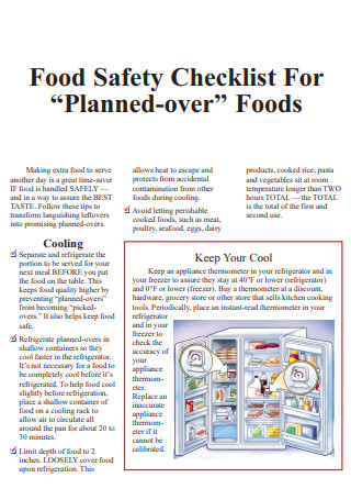 Food Safety Checklist For Planned over Foods