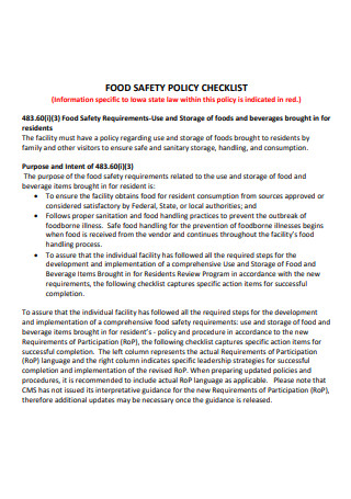 Food Safety Policy Checklist 
