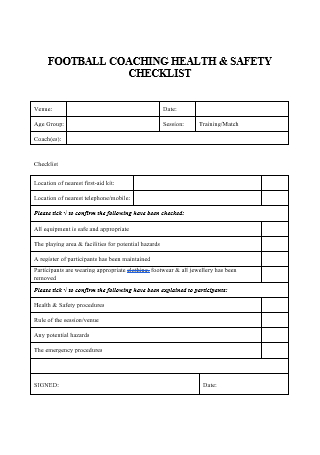 Football Coaching Health and Safety Checklist
