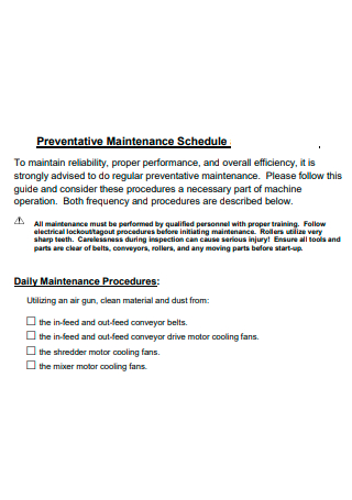 Formal Preventative Maintenance Schedule