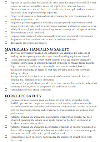 Furniture Warehouse Safety Inspection Checklist