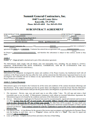 General Subcontractor Agreement Format