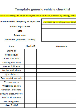 Generic Weekly vehicle Inspecton Checklist