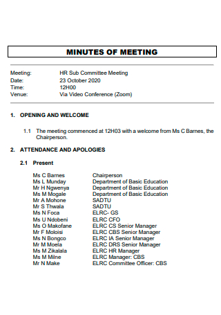 HR Sub Committee Meeting Minutes