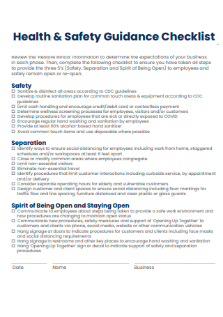 Health and Safety Guidance Checklist