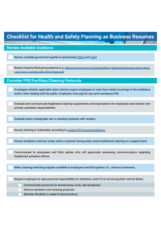 Health and Safety Planning Checklist