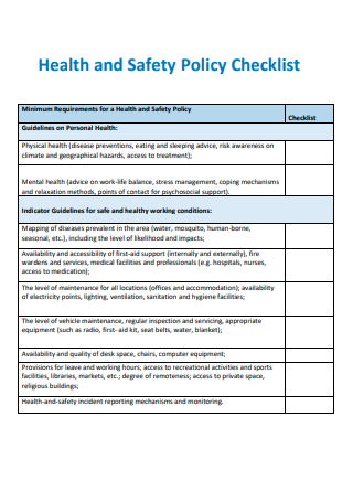Health and Safety Policy Checklist