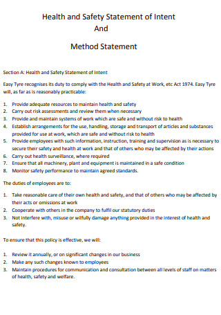 Health and Safety Statement of Intent And Method Statement