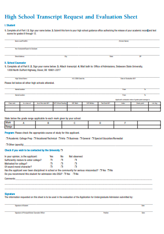 High School Transcript Request and Evaluation Sheet