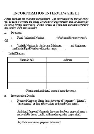 Incorporation Interview Sheet