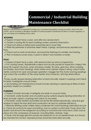 Industrial Building Maintenance Checklist