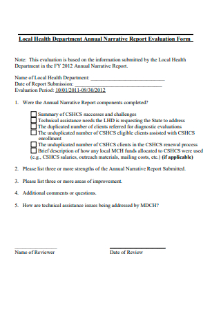 Local Health Department Annual Narrative Report Evaluation Form