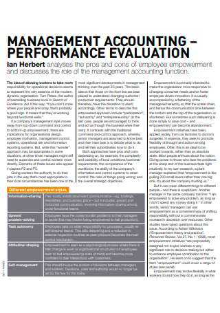 Management Accounting Performance Evaluation