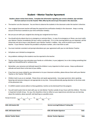 Mentor Teacher Student Agreement