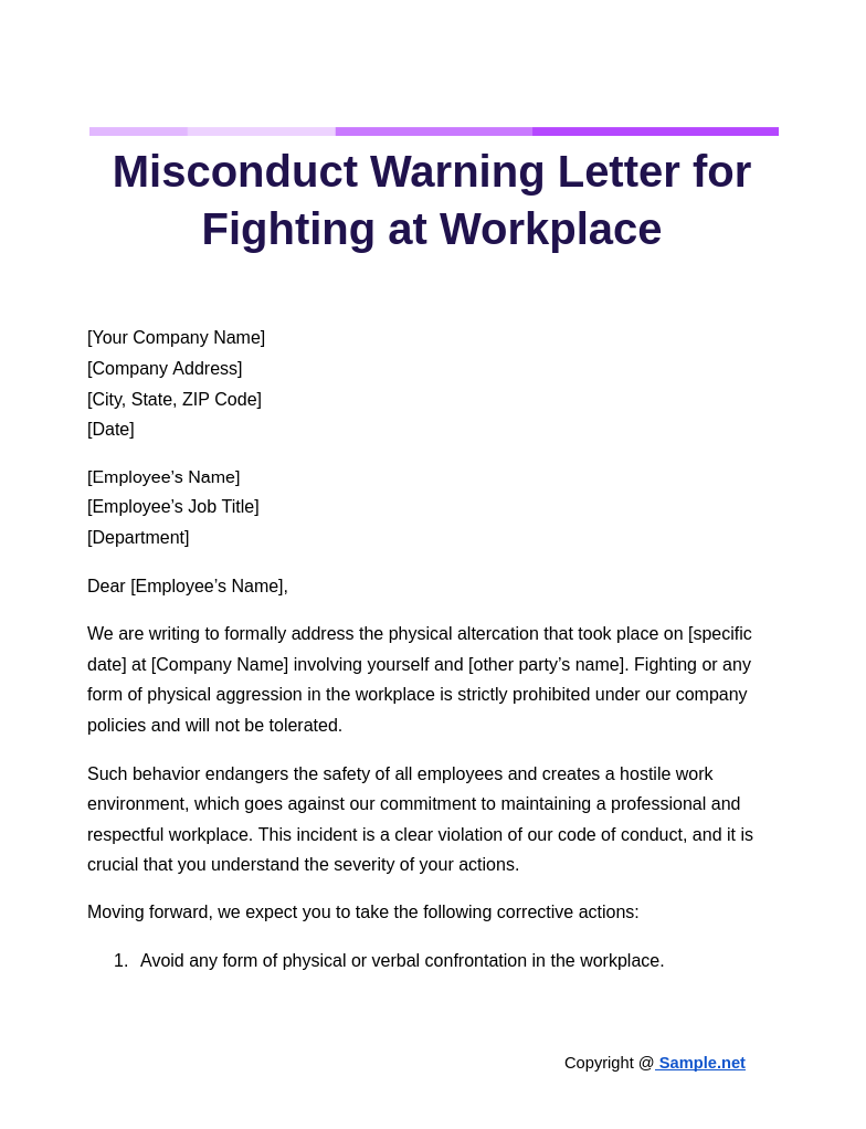 Misconduct Warning Letter for Fighting at Workplace Google Docs 10 16 2024 10 40 AM