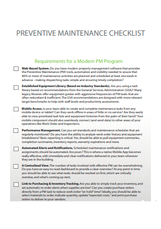 Modern Program Preventive Maintenance Checklist