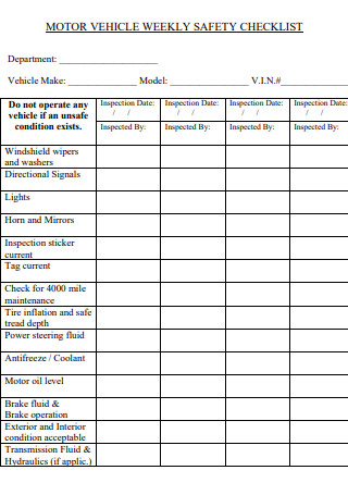Motor Weekly Vehicle Safety Inspection Checklist