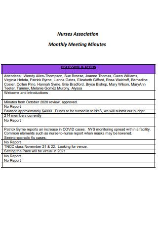 Nurses Association Monthly Meeting Minutes
