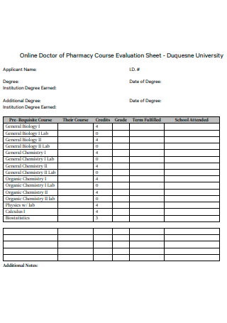 Online Doctor of Pharmacy Course Evaluation Sheet