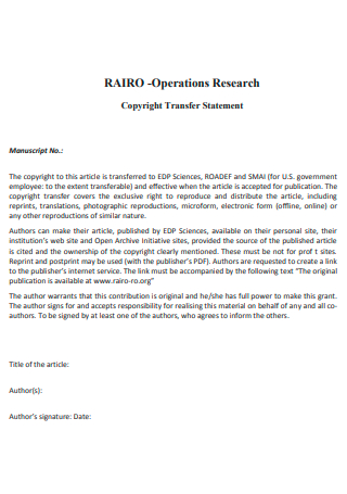 Operations Research Copyright Transfer Statement