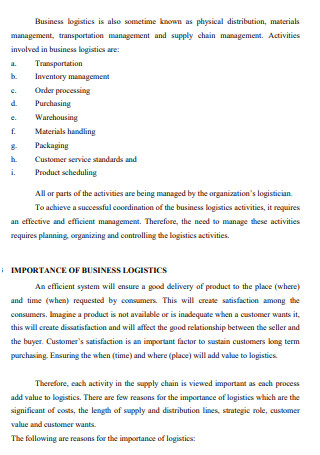 Overview of Business Logistics Plan
