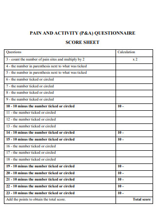 Pain and Activity Questionnaire Score Sheet