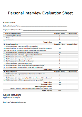 Personal Interview Evaluation Sheet