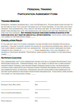 Personal Training Participation Agreement Form
