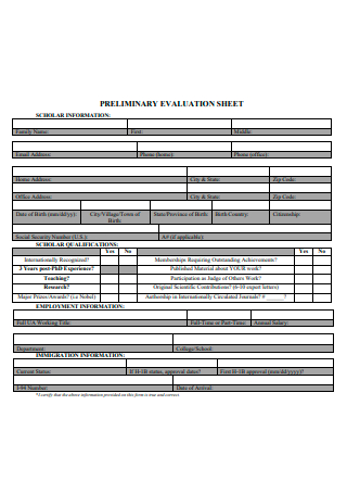 Preliminary Evaluation Sheet
