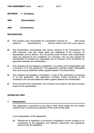 Printable Company Shareholders Agreement